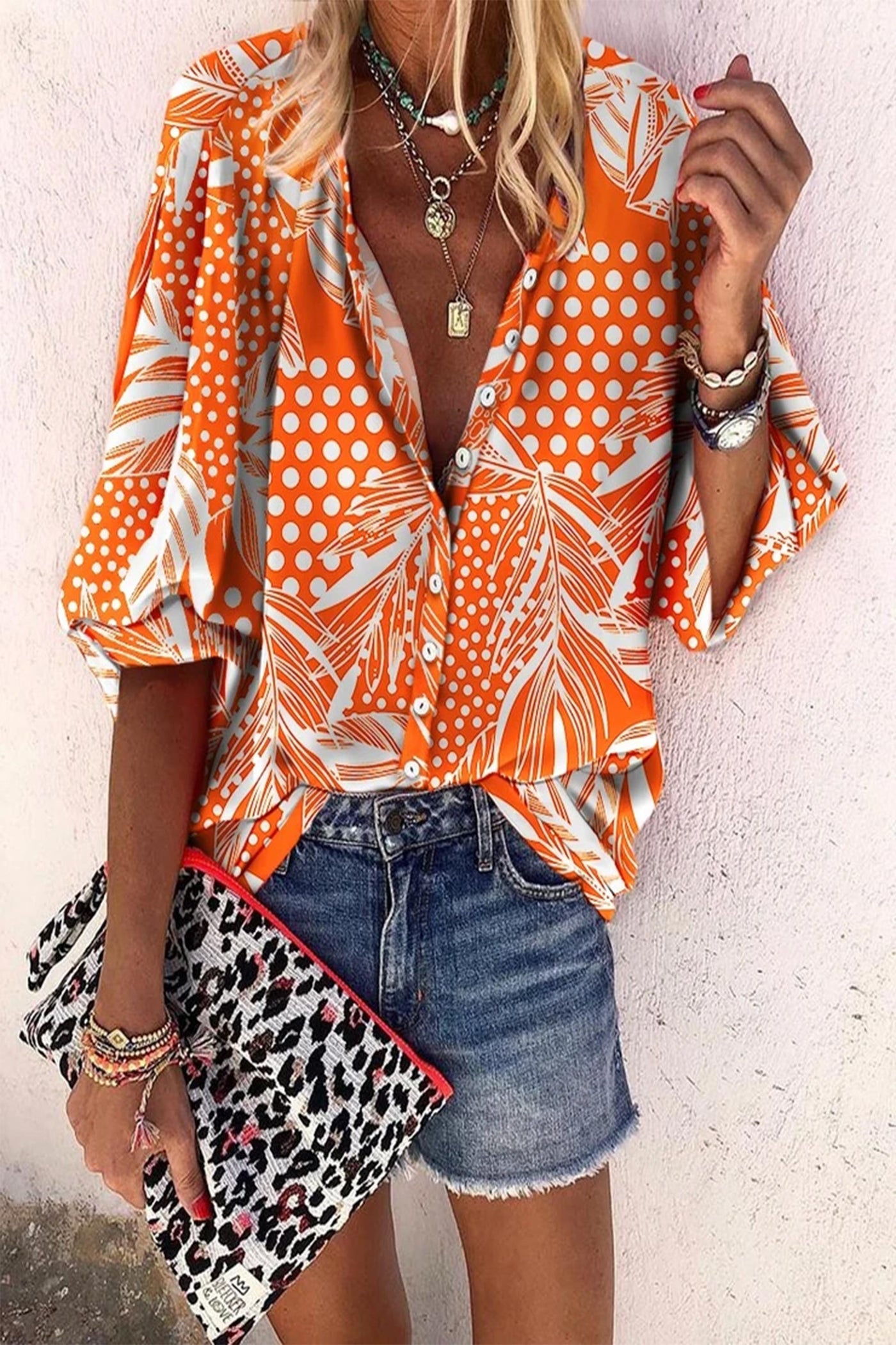 Casual Orange Color Print Blouse