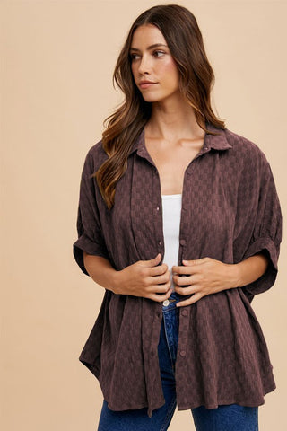 Checkerboard Texture Cotton Gauze Oversized Blouse
