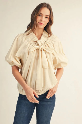 Drop Soulder Drawstring Neckline Woven Top with Ruffle Detail