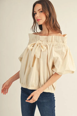 Drop Soulder Drawstring Neckline Woven Top with Ruffle Detail