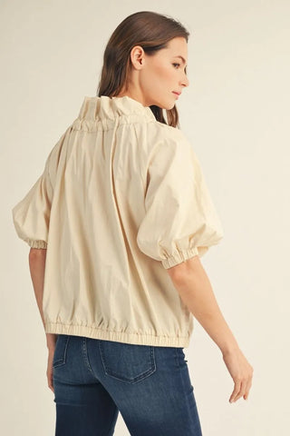Drop Soulder Drawstring Neckline Woven Top with Ruffle Detail