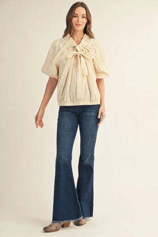 Drop Soulder Drawstring Neckline Woven Top with Ruffle Detail