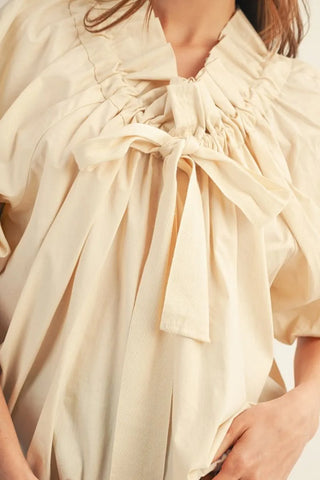 Drop Soulder Drawstring Neckline Woven Top with Ruffle Detail