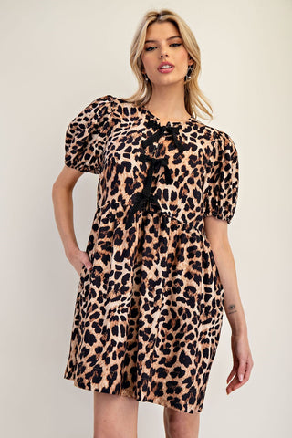 Leopard Ribbon Tie Front Mini Dress