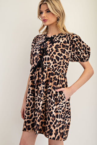 Leopard Ribbon Tie Front Mini Dress