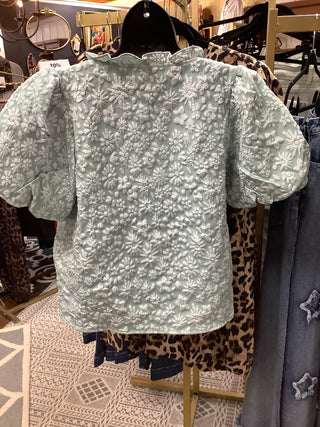 Mint White Puffy Floral Top