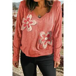 Floral Patchwork V Neck Long Sleeve