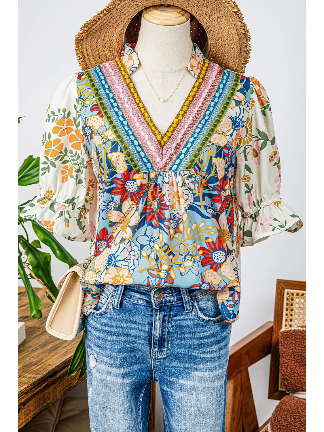 Crochet Boho Half Floral Blouse
