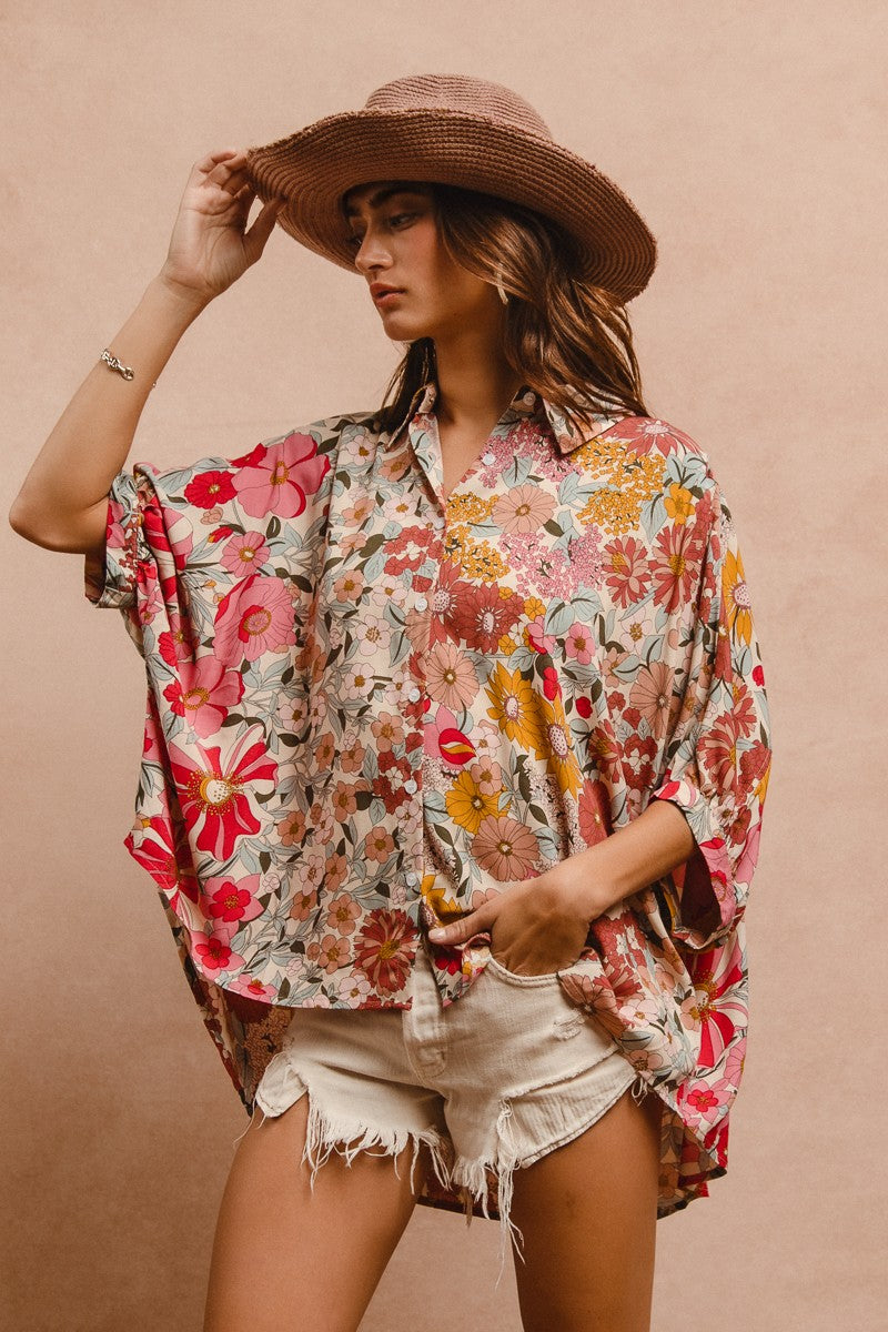 Floral Rayon Printed Button Down Shirt Top