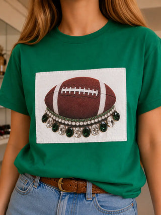 Jeweled Green Football White Patch On Kelly Green Crew