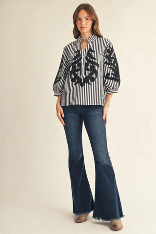 Baroque Appliqué Striped Button-Front Top