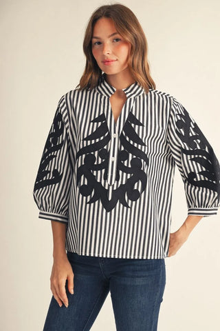 Baroque Appliqué Striped Button-Front Top