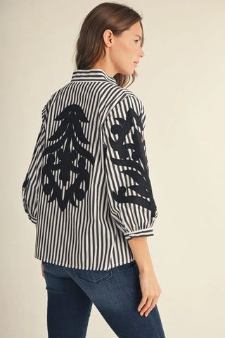 Baroque Appliqué Striped Button-Front Top