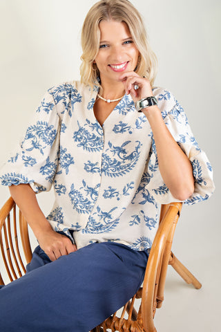 Blue Flair Balloon Sleeves Button Down Blouse