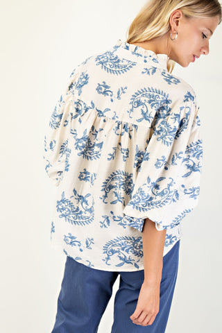 Blue Flair Balloon Sleeves Button Down Blouse