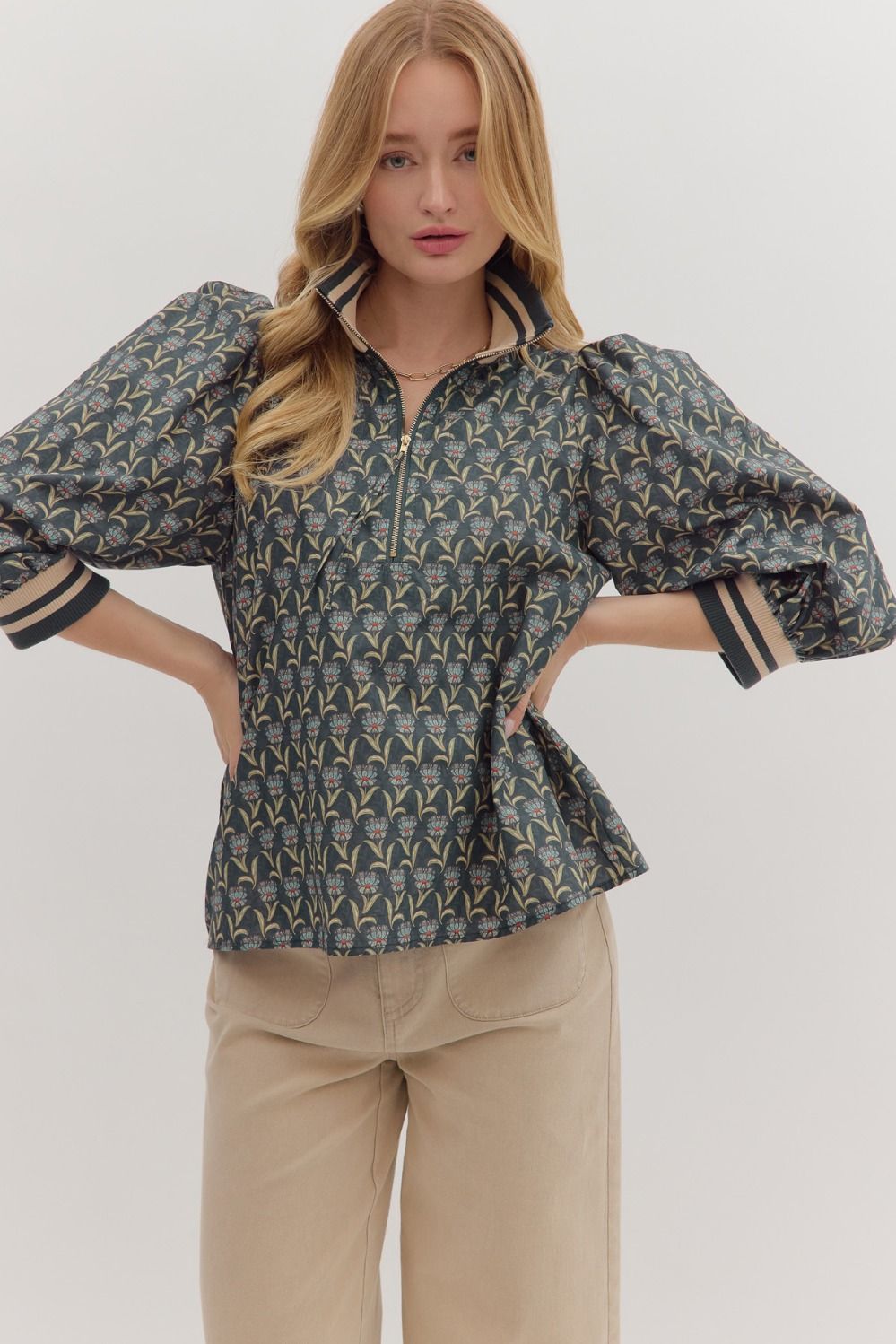 Puff Sleeve Ribbed Collar & Cuff Blouse