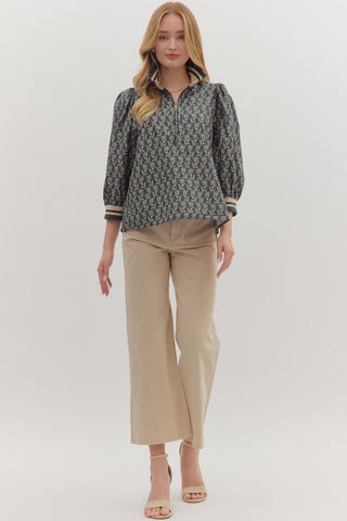 Puff Sleeve Ribbed Collar & Cuff Blouse