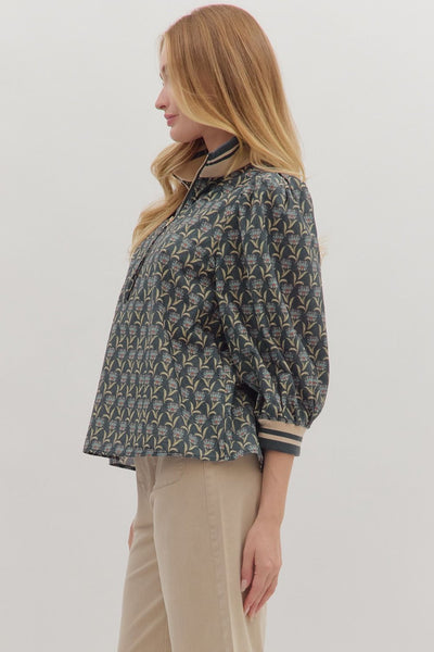 Puff Sleeve Ribbed Collar & Cuff Blouse