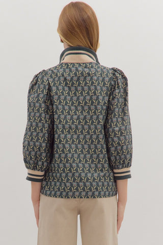 Puff Sleeve Ribbed Collar & Cuff Blouse