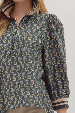 Puff Sleeve Ribbed Collar & Cuff Blouse