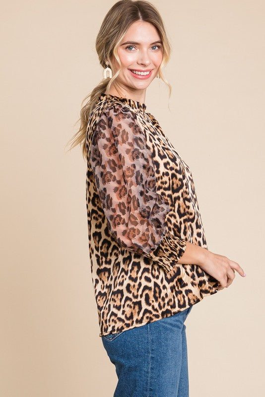 Leopard Print Peasant Sleeves Top