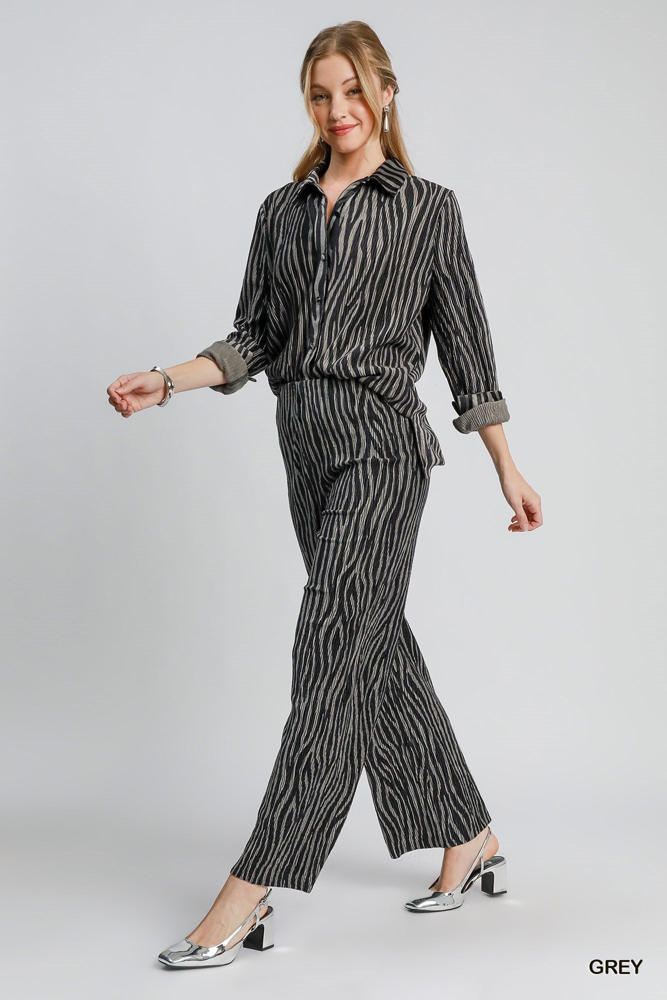 Pleated Zebra Print Velvet Pants Set