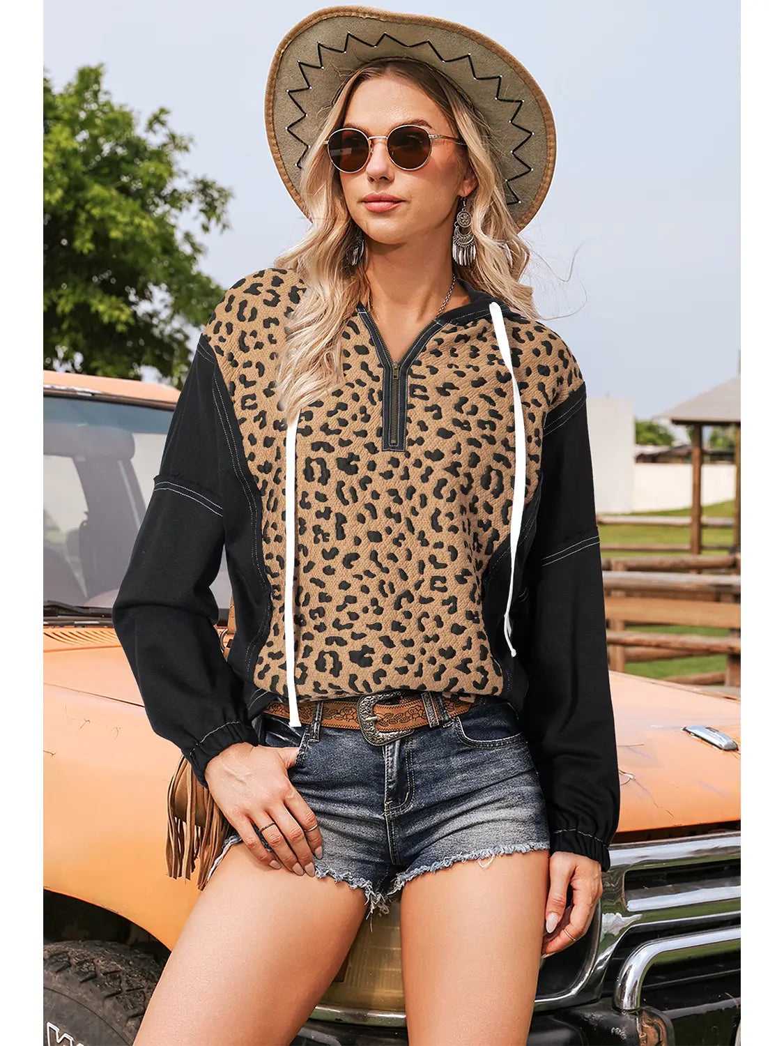 Leopard Patchwork Stitching Knot Cuff Quarter Zip Hoodie