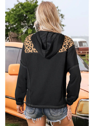 Leopard Patchwork Stitching Knot Cuff Quarter Zip Hoodie