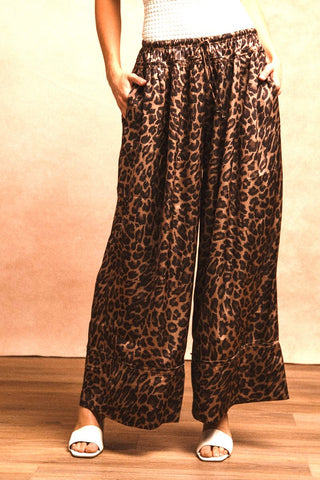 Leopard Print Wide Leg Drawstring Pants