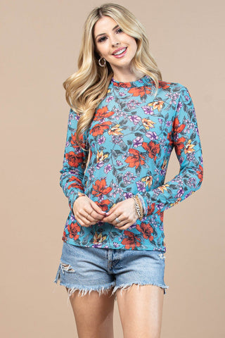 Blue Floral Mesh Top