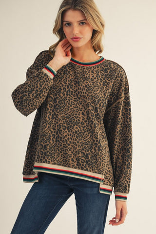 Color Rib Band Detail Leopard Top