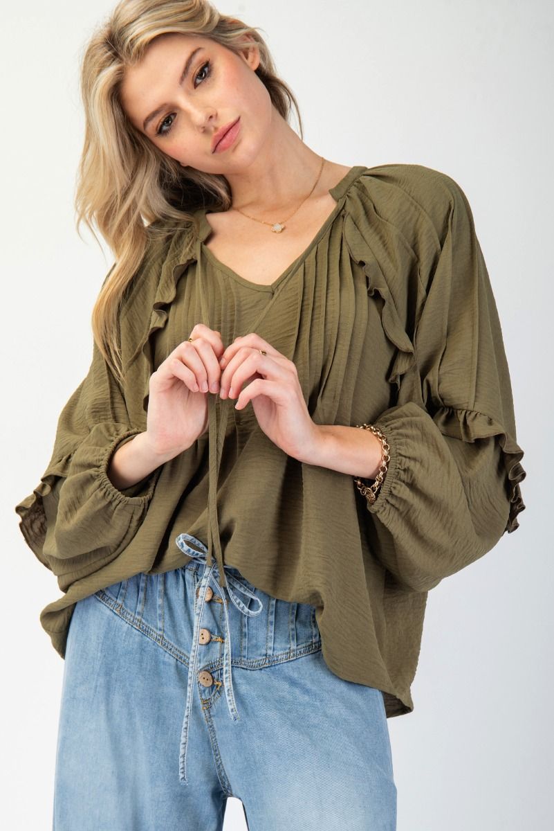 OLIVE TEXTURED POLY WOVEN BLOUSE