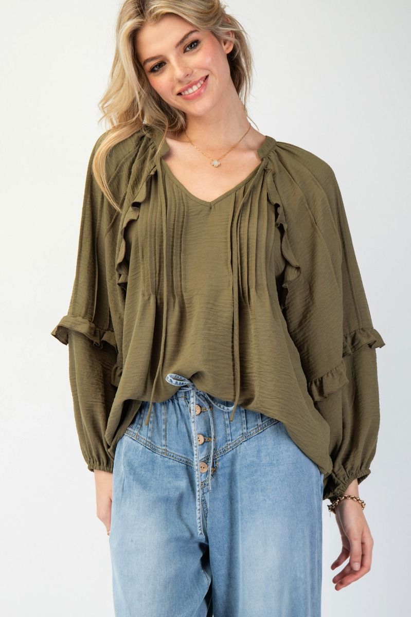 OLIVE TEXTURED POLY WOVEN BLOUSE