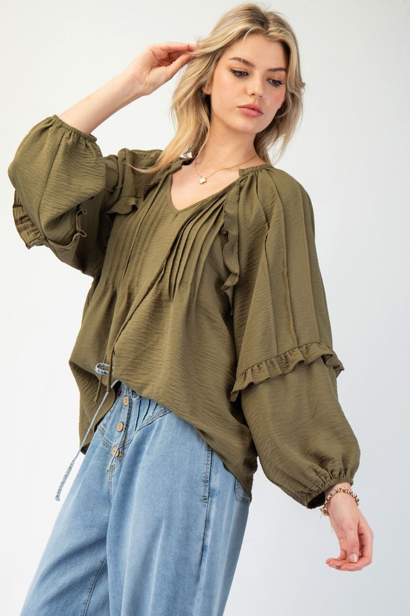 OLIVE TEXTURED POLY WOVEN BLOUSE