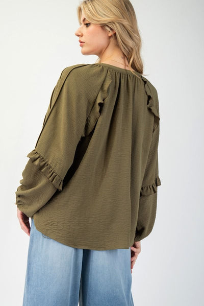 OLIVE TEXTURED POLY WOVEN BLOUSE