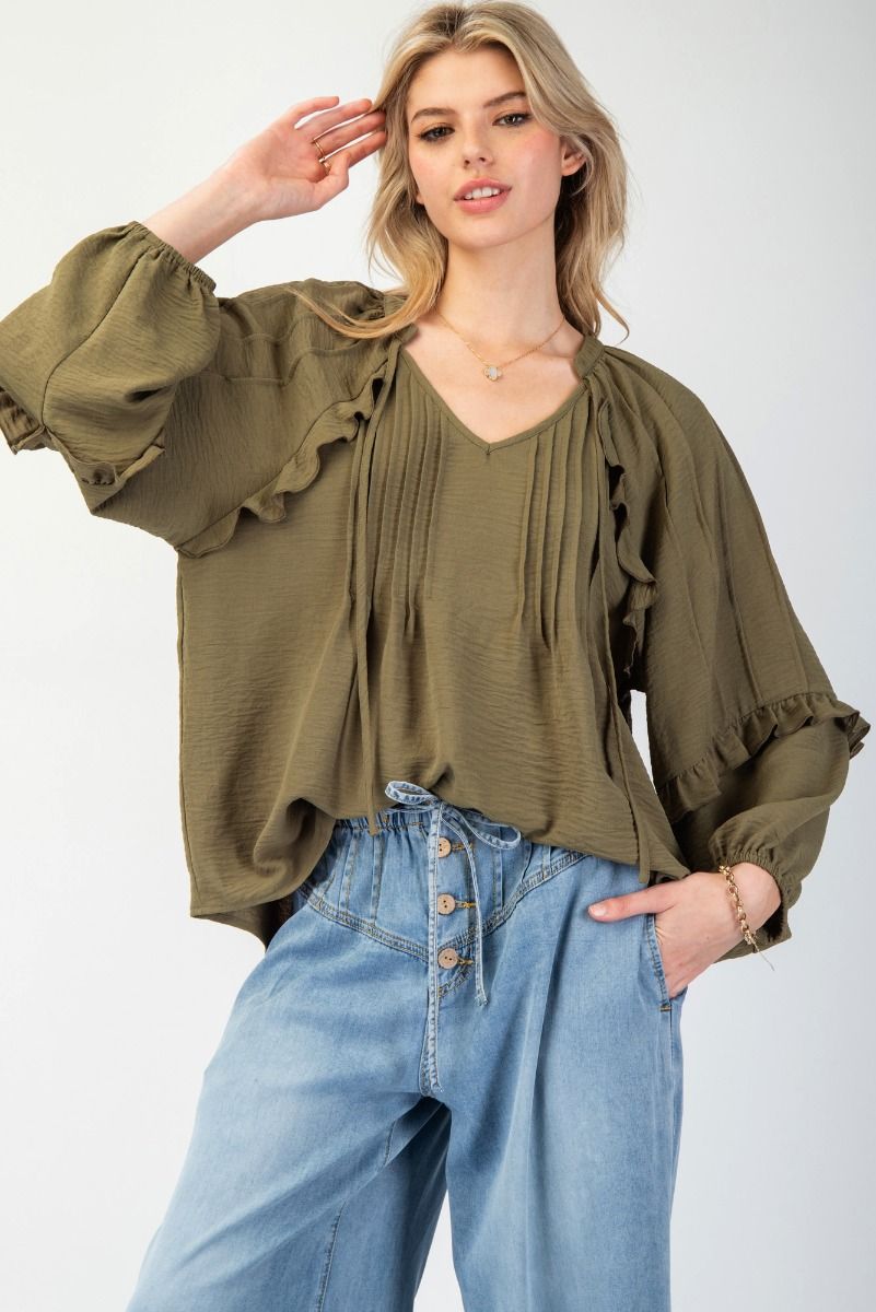 OLIVE TEXTURED POLY WOVEN BLOUSE