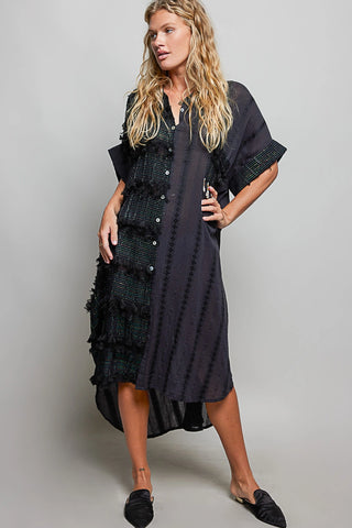 Dangle Trim Textured Cotton Oversized Long Shirt Dress