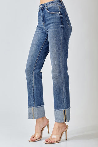 High Rise Straight Relaxed Cuffed Jeans