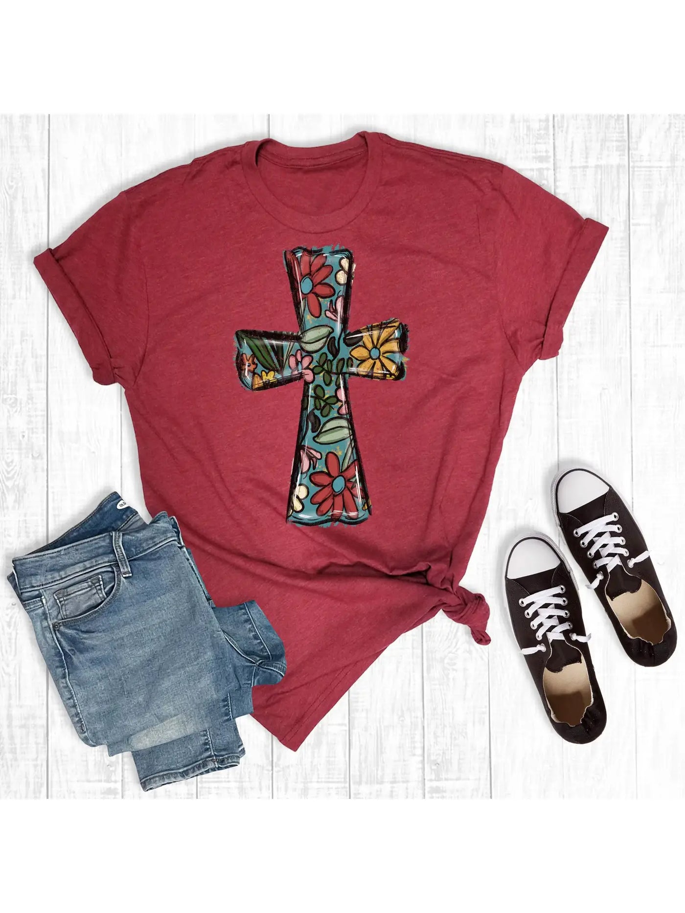 Watercolor Floral Cross Cardinal T-Shirt