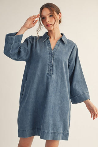 Front Button Up Washed Denim Dress