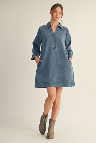 Front Button Up Washed Denim Dress