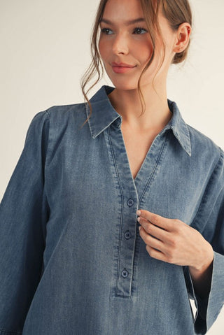 Front Button Up Washed Denim Dress