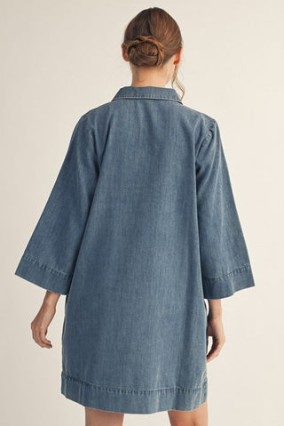 Front Button Up Washed Denim Dress