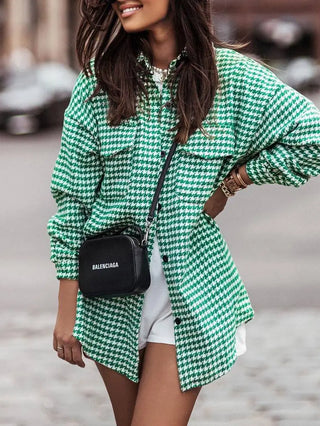 Stylish Houndstooth Long-Sleeved Shirt Jacket
