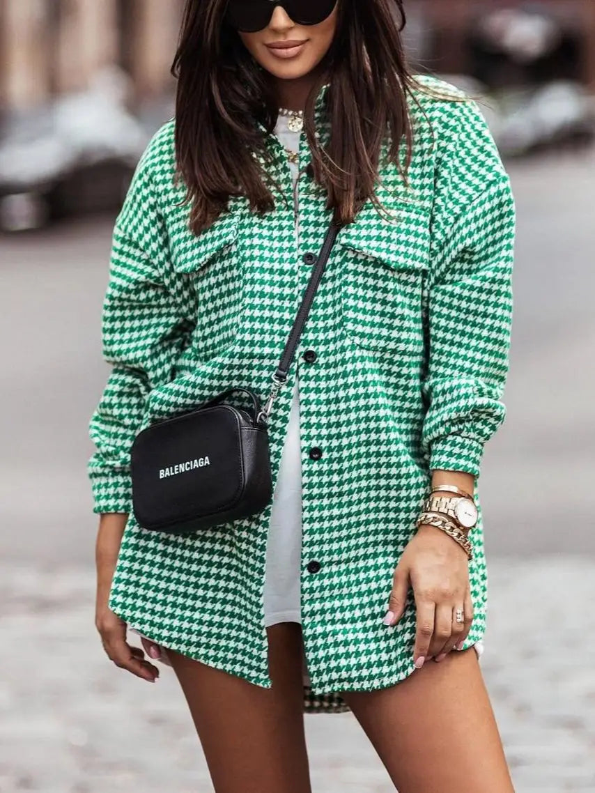 Stylish Houndstooth Long-Sleeved Shirt Jacket