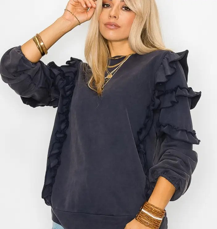 Ruffle Sleeve French Terry Washed Sweatshirt