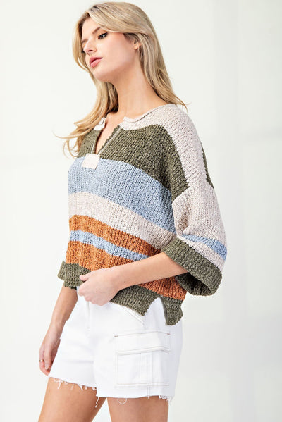 Striped Notched Collar Top