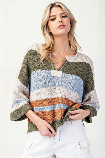 Striped Notched Collar Top