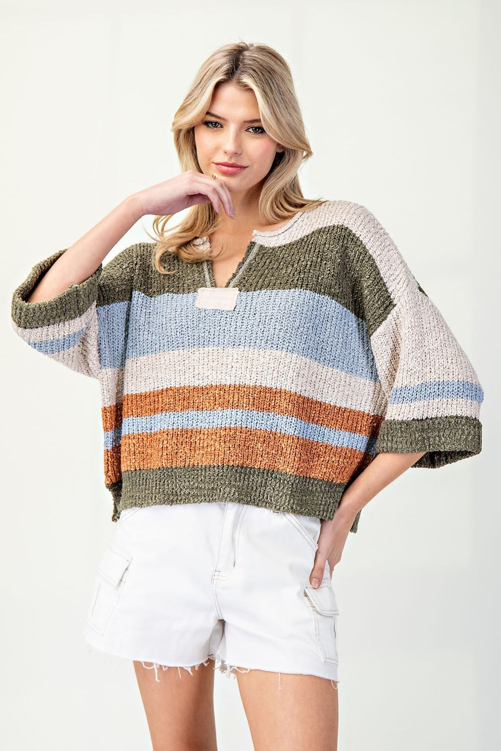 Striped Notched Collar Top