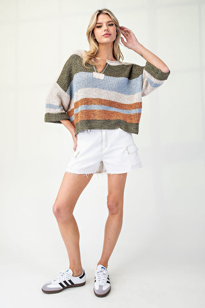Striped Notched Collar Top